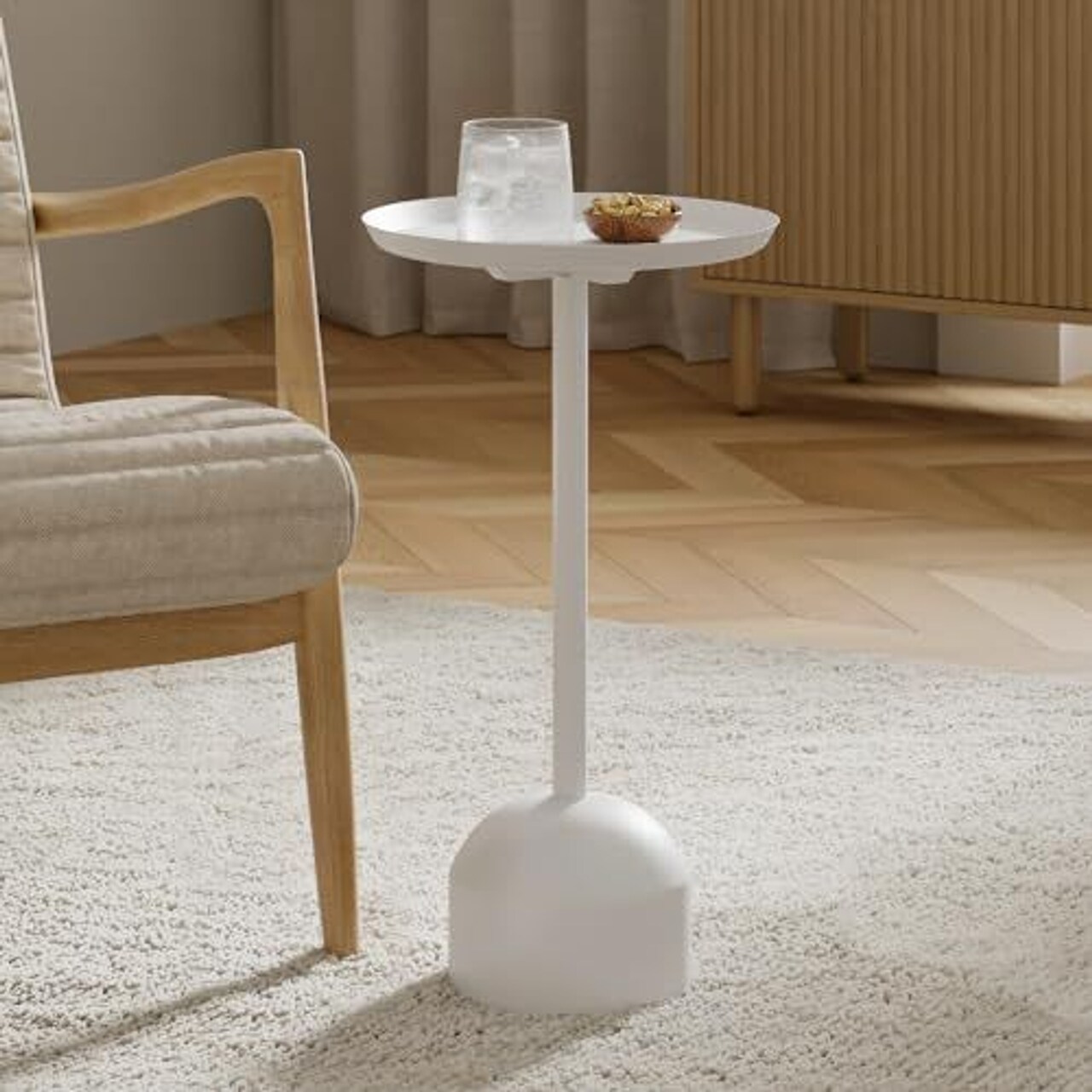 Stead Round Metal Drink Table, Pedestal Drink Desk, Modern Home, Bedroom, and Living Room Furniture, Versatile Small Metal Side Table with Dome Base and Beveled Top (White)